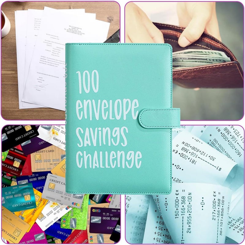 AASLOB 100 Envelopes Money Saving Challenge, 100 Envelope Challenge Binder, Easy and Fun Way to Save $5,050, Savings Challenges Budget Book Binder with Cash Envelopes for Office,Home,School (Green) - Image 4